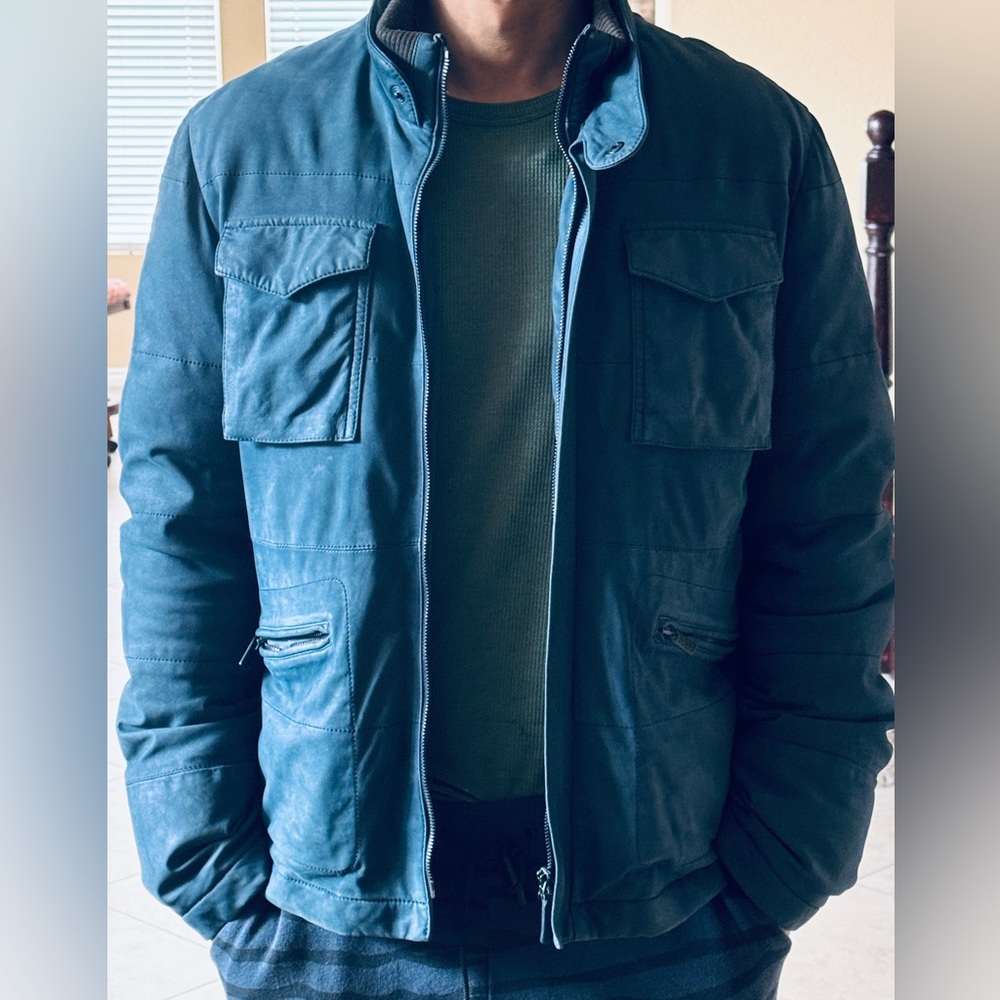 Tod's Blue Leather Military Field Goose Down Jacket